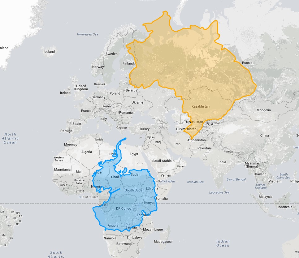 Антарктида и Бразилия по сравнению с Африкой и Европой